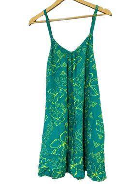 Hula Bay Green Tropical Floral Mini Dress Spaghetti Strap Flowy Sundress Summer